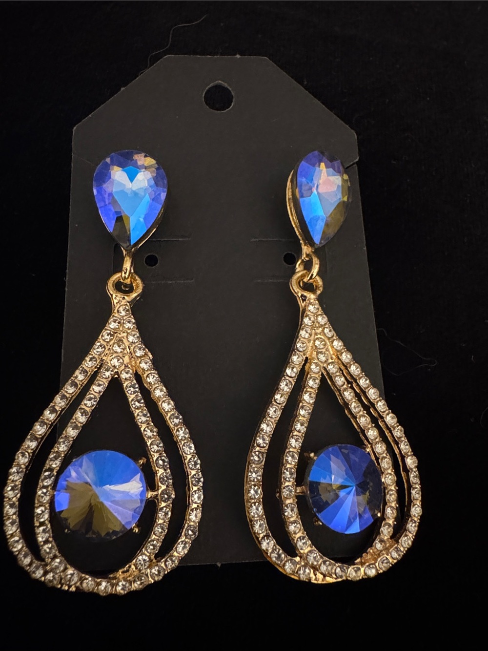 Elegant Gold-Tone Teardrop Earrings with Blue Crystal